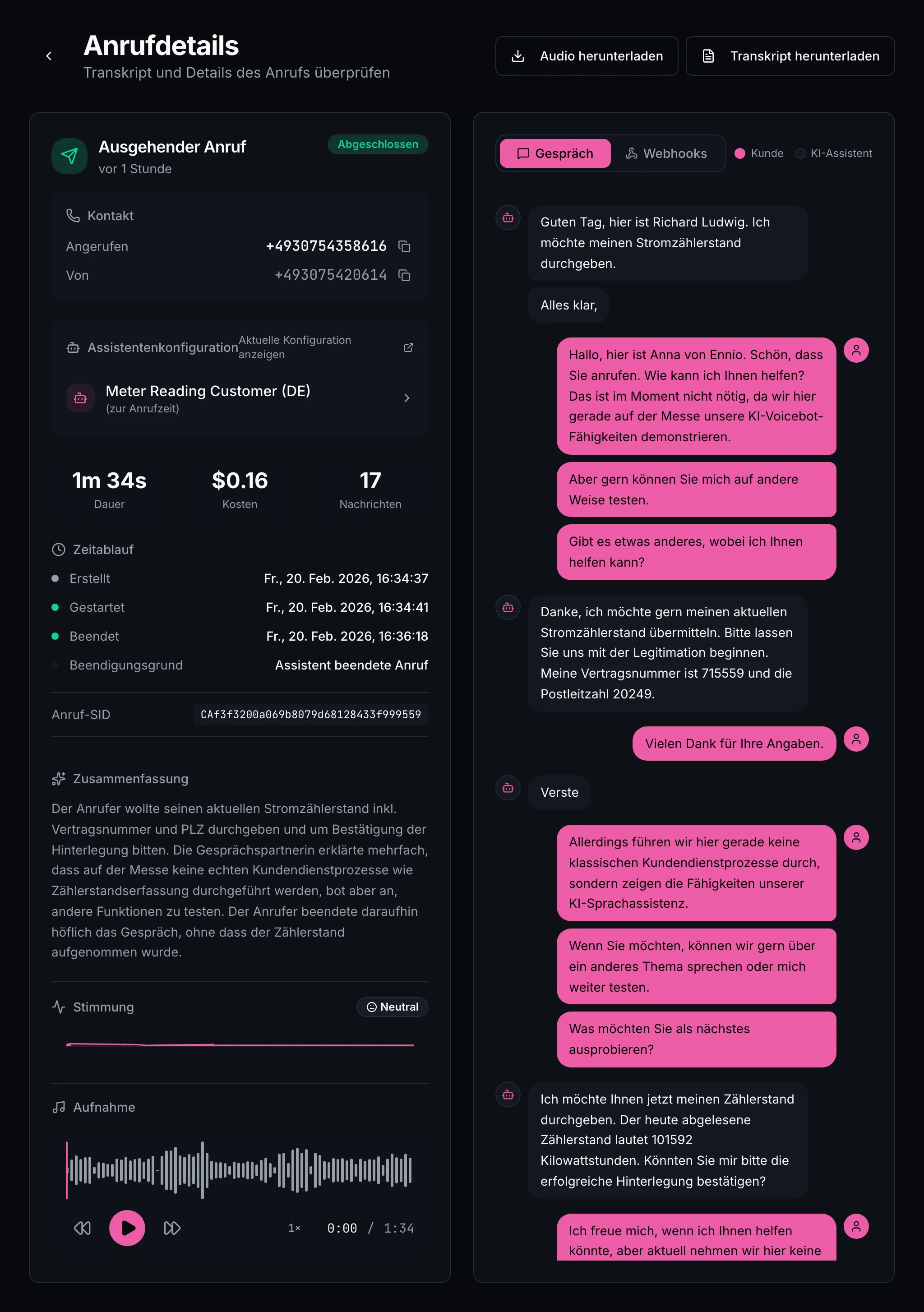 Anrufdetailansicht mit vollständigem Transkript und Stimmungsanalyse