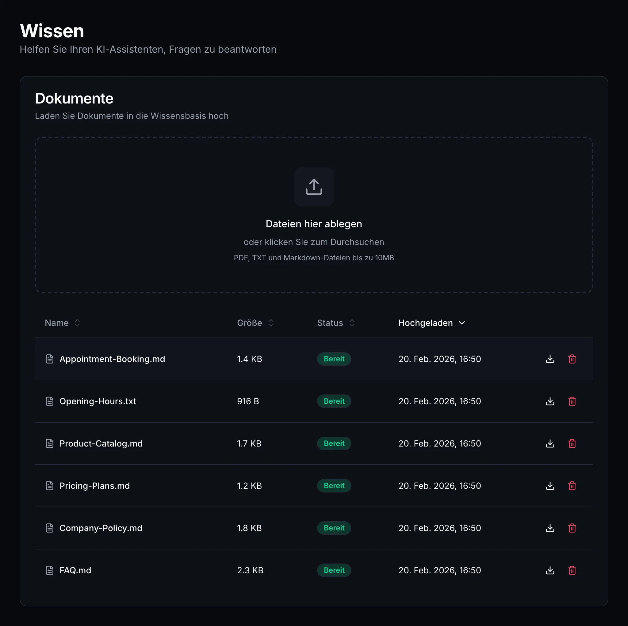 Wissensdatenbank-Upload und Verwaltungsoberfläche