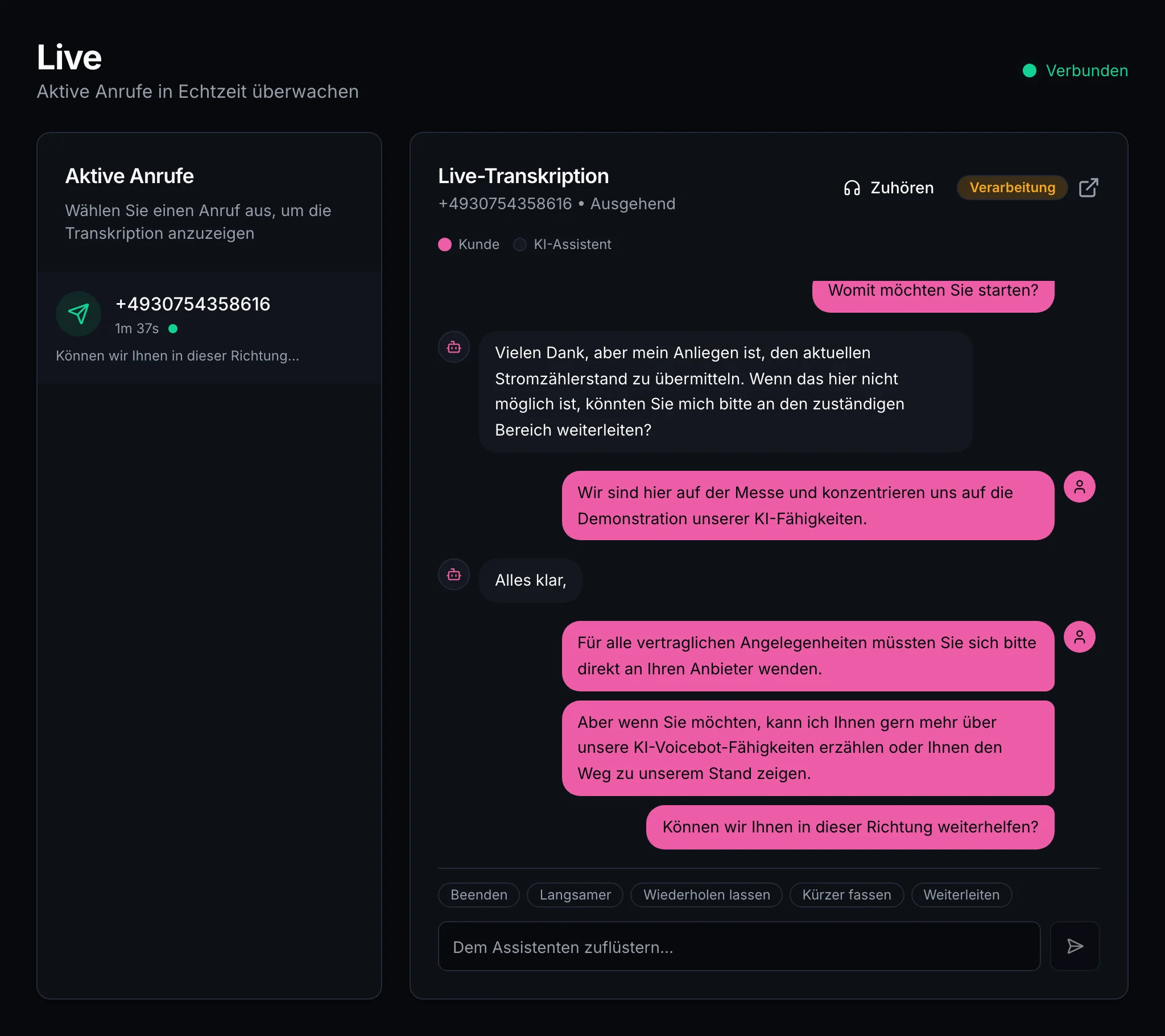 Live-Anrufüberwachung mit Echtzeit-Transkription